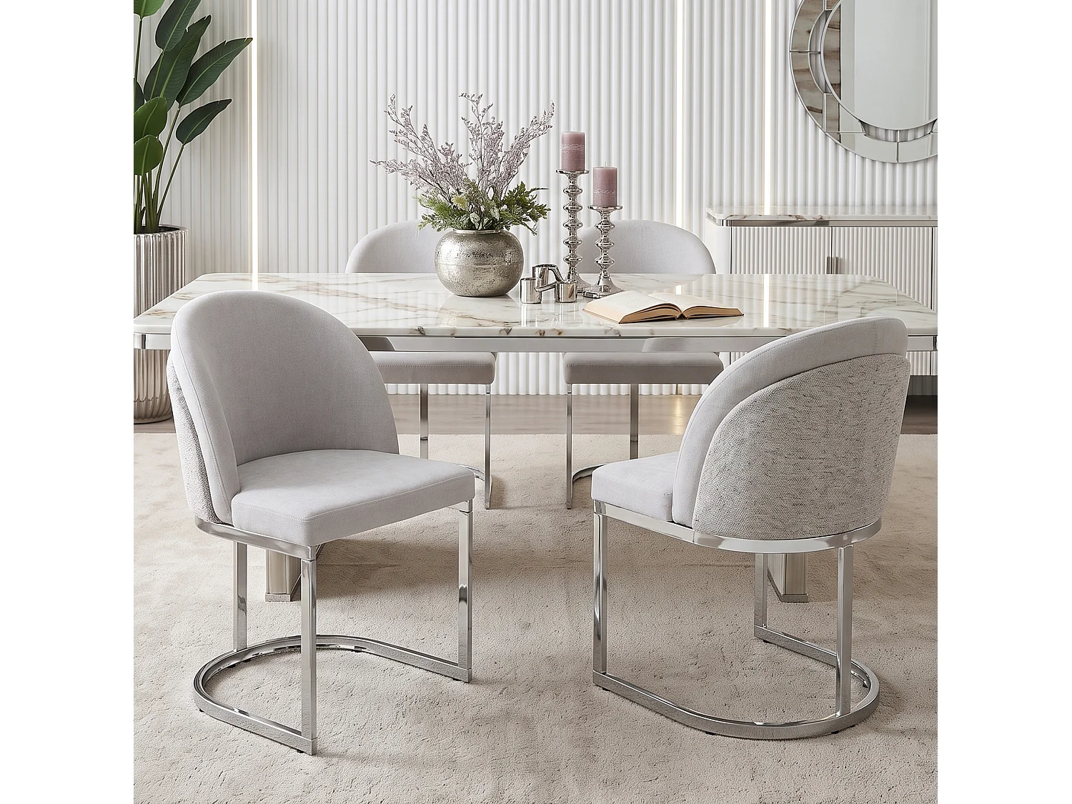 Lot de 6 chaises de salle à manger avec sans accoudoirs - Chenille et pieds en métal galvanisé  - 59 x 52 x 85 cm - Gris clair + argent