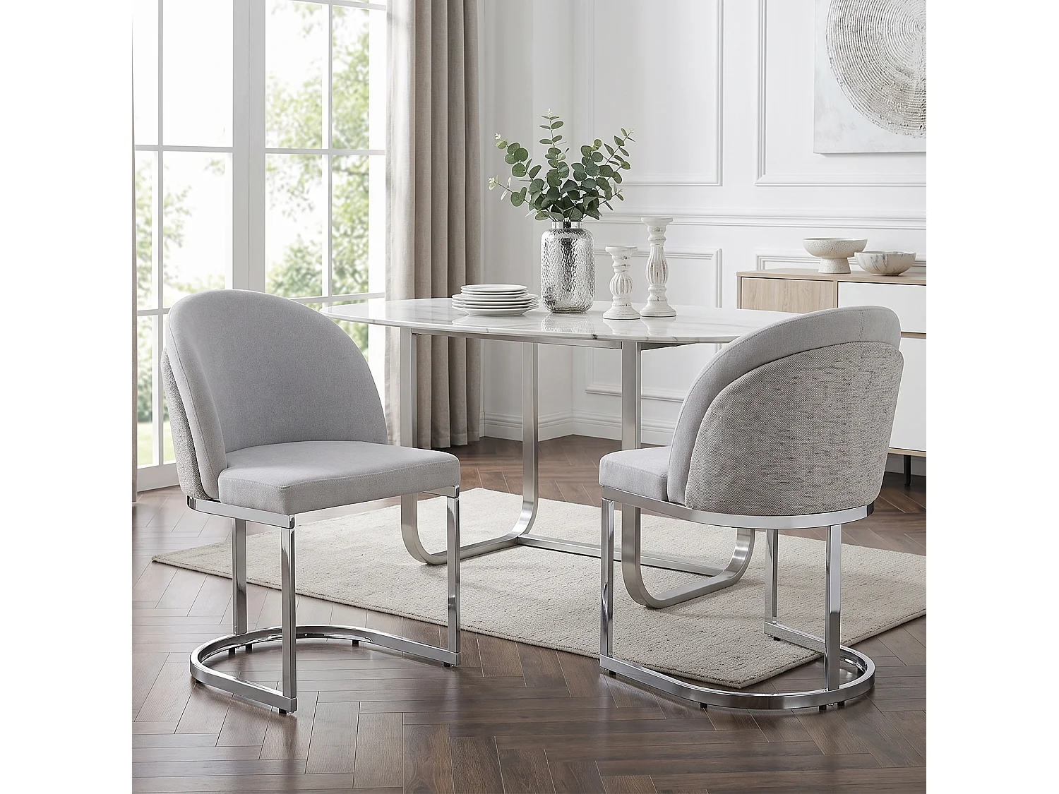 Lot de 6 chaises de salle à manger avec sans accoudoirs - Chenille et pieds en métal galvanisé  - 59 x 52 x 85 cm - Gris clair + argent