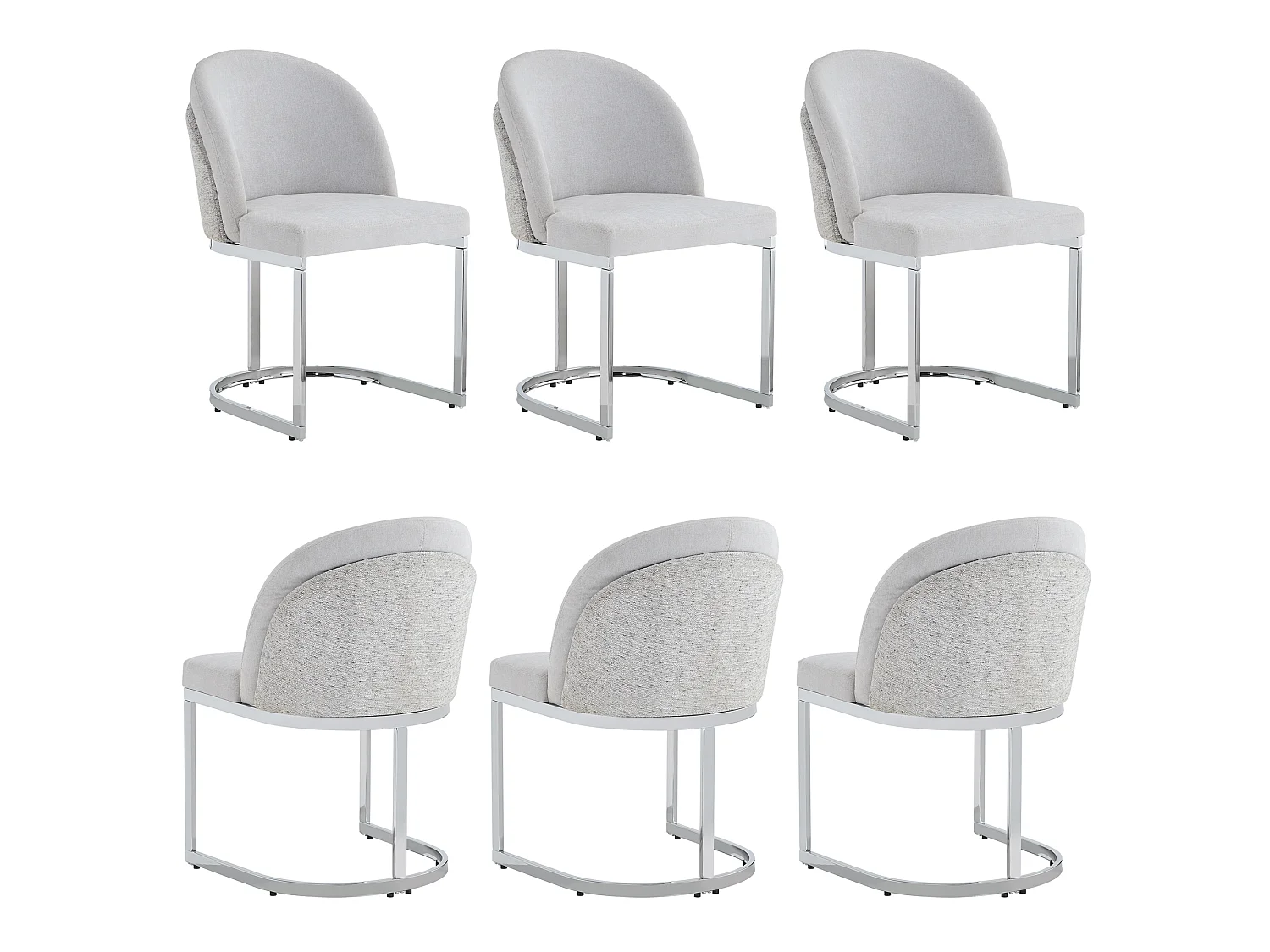 Lot de 6 chaises de salle à manger avec sans accoudoirs - Chenille et pieds en métal galvanisé  - 59 x 52 x 85 cm - Gris clair + argent