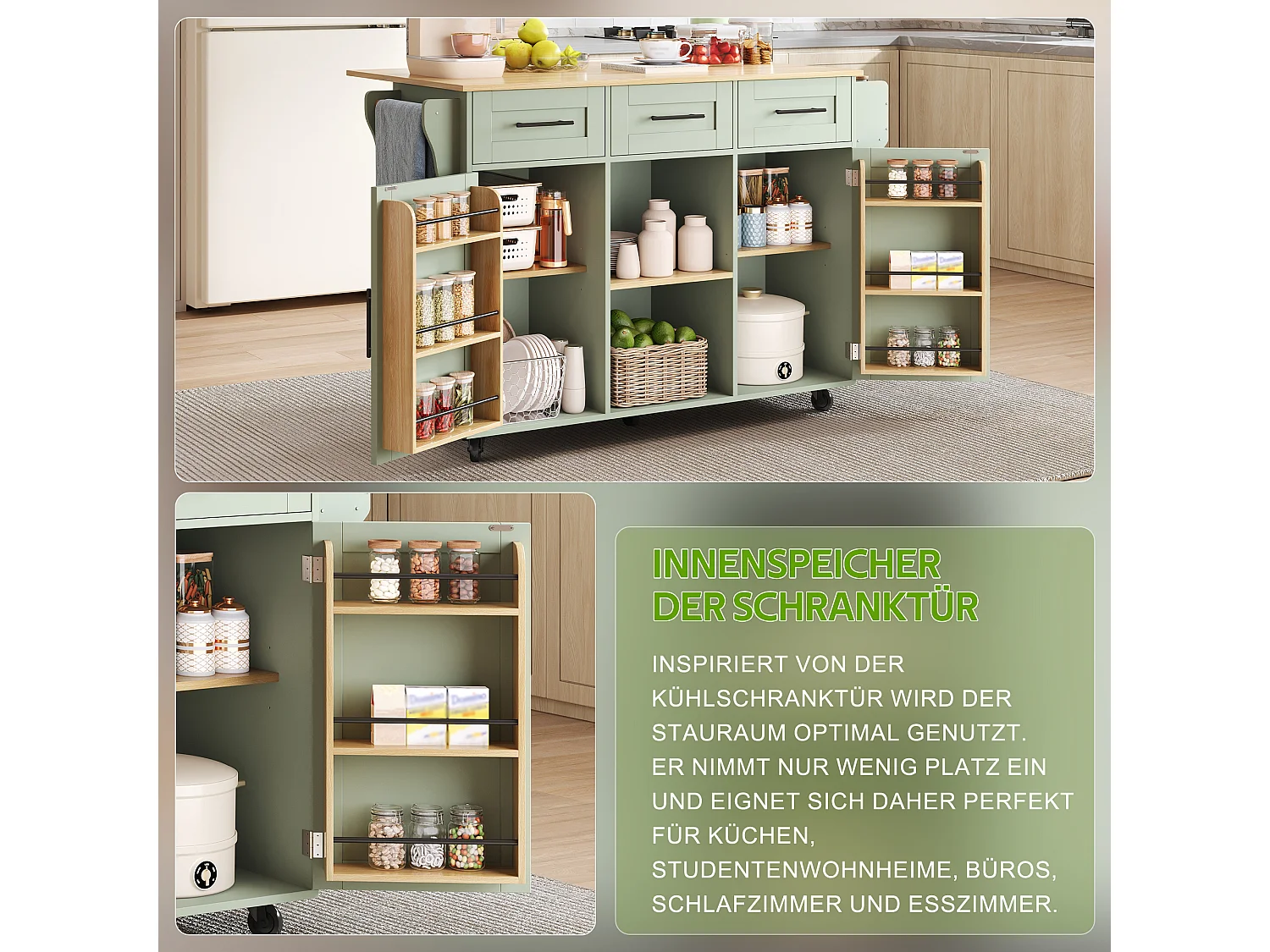 Multifunktionell mobil köksö - Utdragbar hopfällbar topp, 3 lådor och 2 dörrar – 139 × 46 (71) × 91,5 cm – Grön