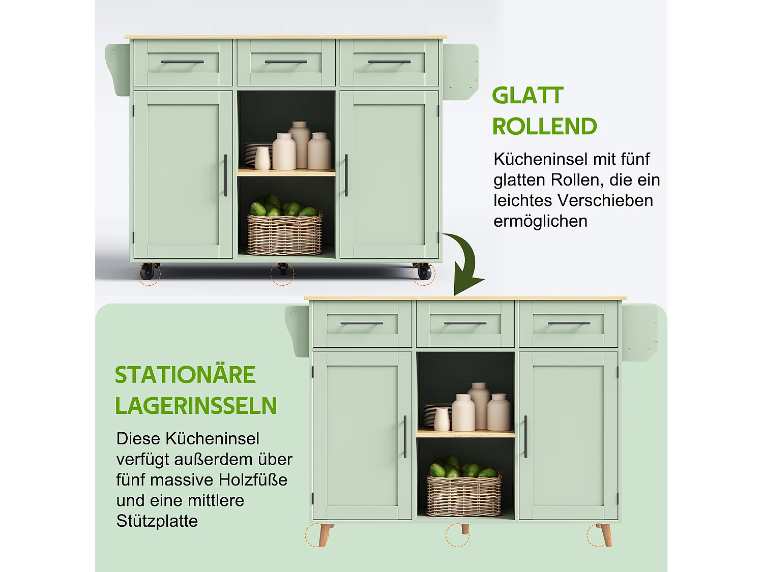 Multifunktionell mobil köksö - Utdragbar hopfällbar topp, 3 lådor och 2 dörrar – 139 × 46 (71) × 91,5 cm – Grön