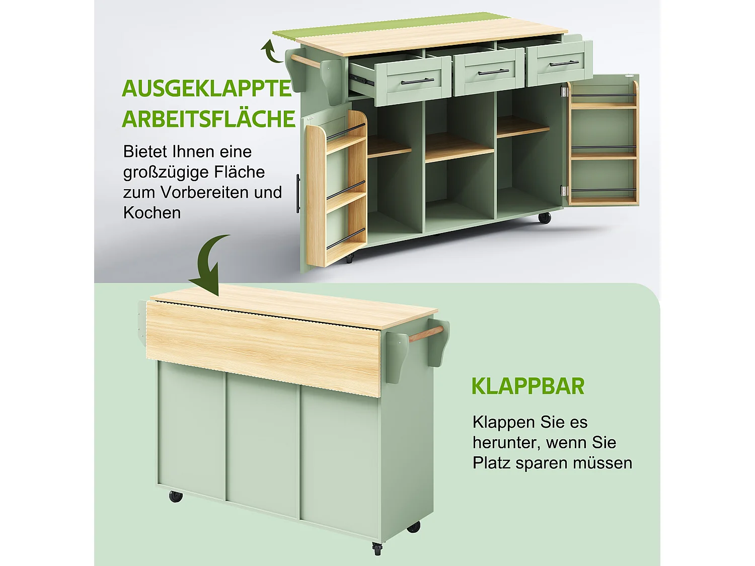 Multifunktionell mobil köksö - Utdragbar hopfällbar topp, 3 lådor och 2 dörrar – 139 × 46 (71) × 91,5 cm – Grön