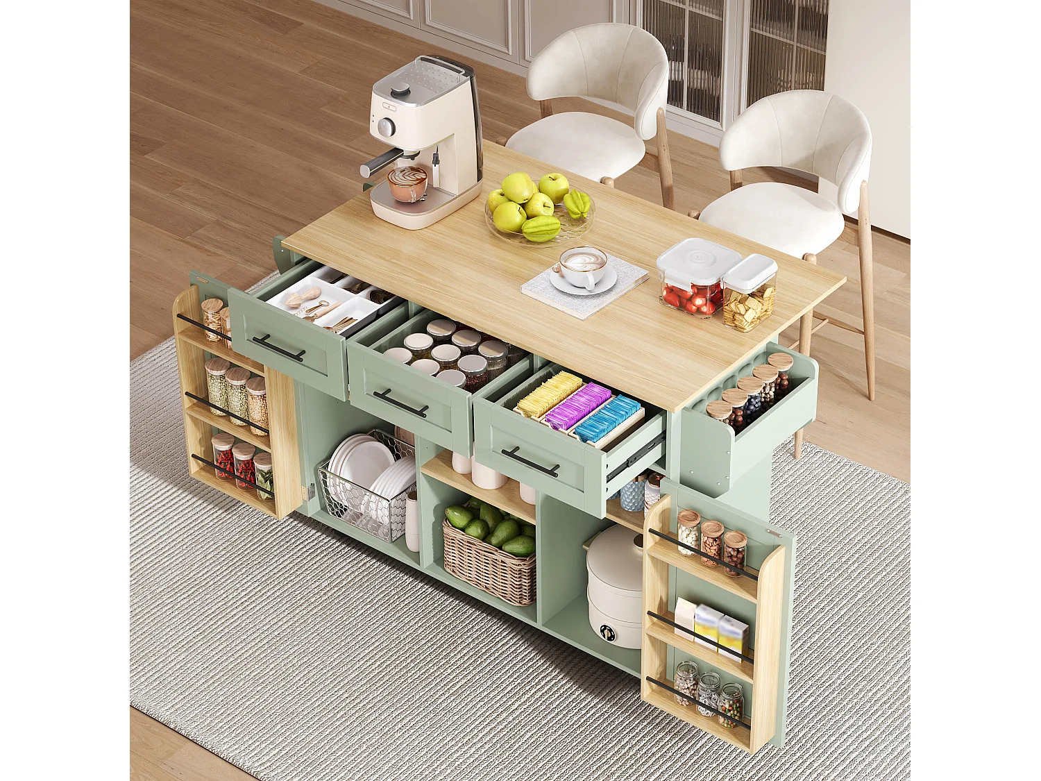 Multifunktionell mobil köksö - Utdragbar hopfällbar topp, 3 lådor och 2 dörrar – 139 × 46 (71) × 91,5 cm – Grön