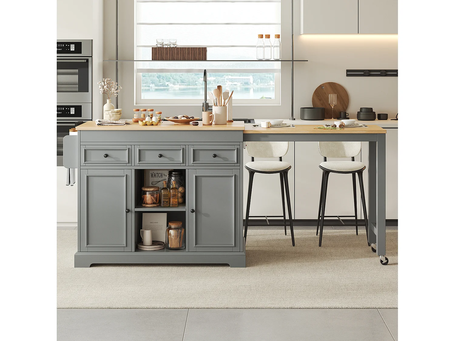 Îlot central de cuisine extensible avec coin repas, étagères épices, 2 portes et 3 tiroirs – 112–188 x 45 x 92 cm – MDF – Gris