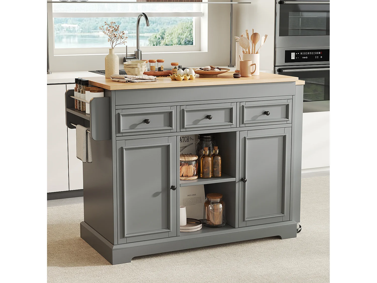 Îlot central de cuisine extensible avec coin repas, étagères épices, 2 portes et 3 tiroirs – 112–188 x 45 x 92 cm – MDF – Gris
