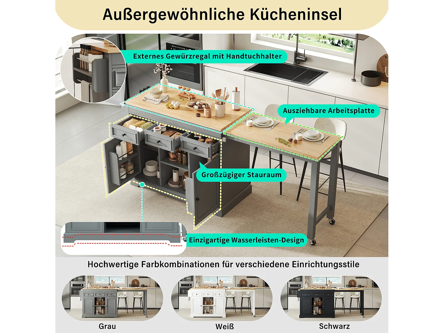 Îlot central de cuisine extensible avec coin repas, étagères épices, 2 portes et 3 tiroirs – 112–188 x 45 x 92 cm – MDF – Gris