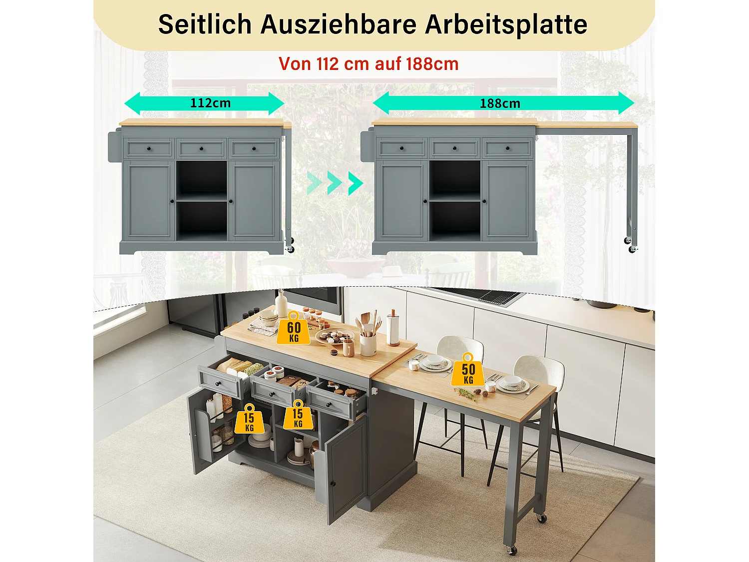 Îlot central de cuisine extensible avec coin repas, étagères épices, 2 portes et 3 tiroirs – 112–188 x 45 x 92 cm – MDF – Gris