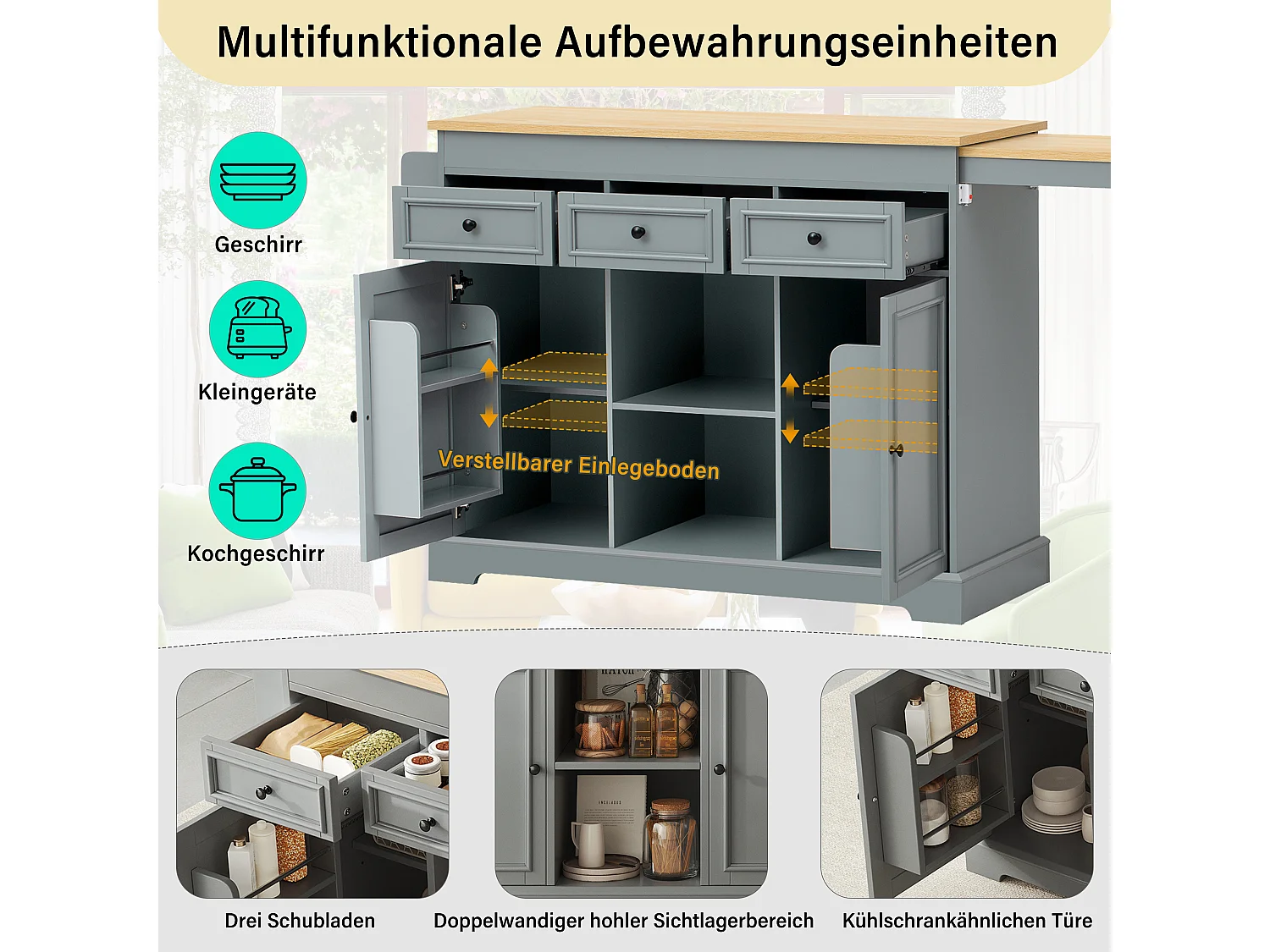 Îlot central de cuisine extensible avec coin repas, étagères épices, 2 portes et 3 tiroirs – 112–188 x 45 x 92 cm – MDF – Gris