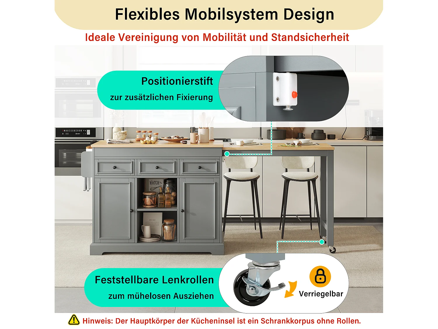 Îlot central de cuisine extensible avec coin repas, étagères épices, 2 portes et 3 tiroirs – 112–188 x 45 x 92 cm – MDF – Gris