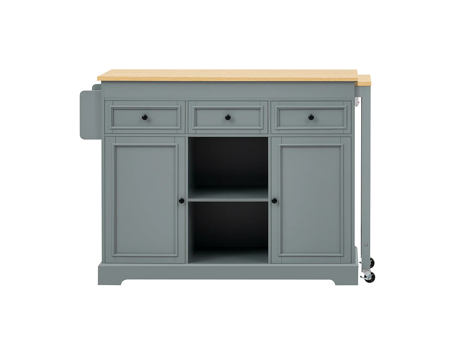 Îlot central de cuisine extensible avec coin repas, étagères épices, 2 portes et 3 tiroirs – 112–188 x 45 x 92 cm – MDF – Gris