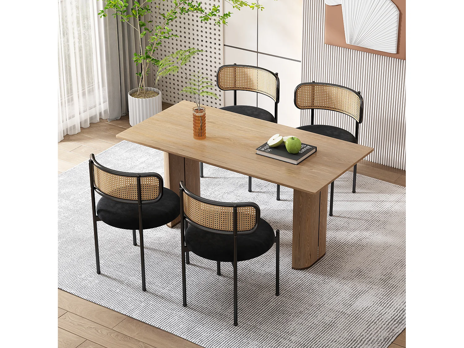 Set van 6 armloze eetkamerstoelen - Ronde fluwelen zitting, rotan rugleuning en metalen poten - Zwart