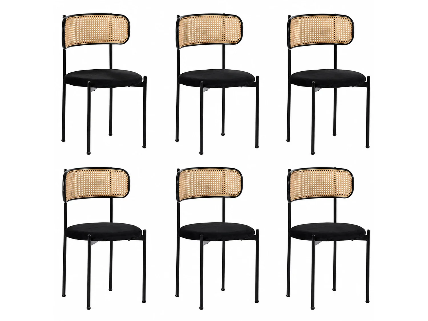 Set van 6 armloze eetkamerstoelen - Ronde fluwelen zitting, rotan rugleuning en metalen poten - Zwart