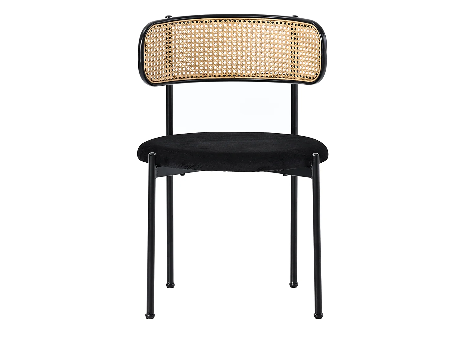 Set van 6 armloze eetkamerstoelen - Ronde fluwelen zitting, rotan rugleuning en metalen poten - Zwart