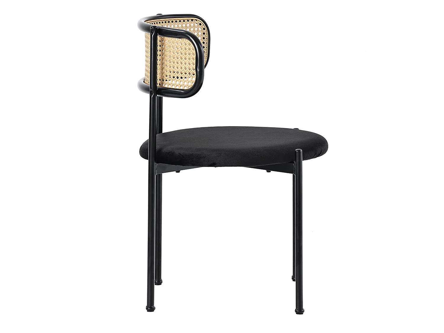 Set van 6 armloze eetkamerstoelen - Ronde fluwelen zitting, rotan rugleuning en metalen poten - Zwart