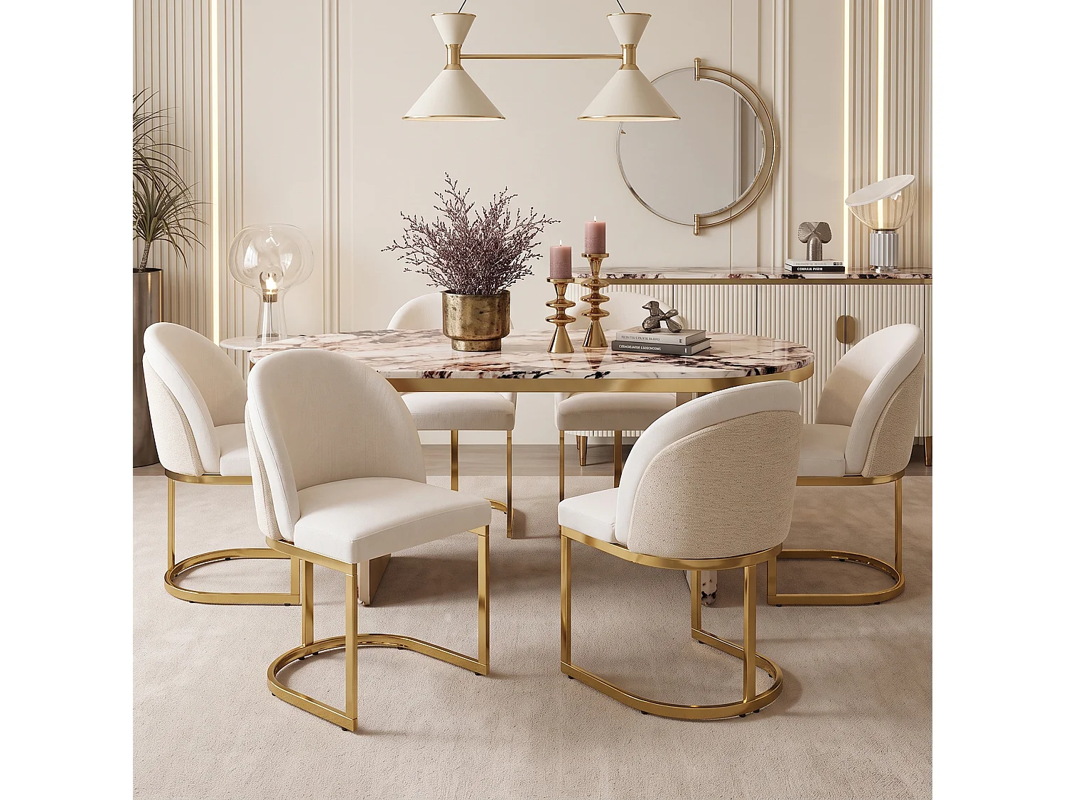 Lot de 4 chaises de salle à manger sans accoudoirs avec pieds en métal galvanisé - Chenille et métal - 59 x 52 x 85 cm - Beige + or
