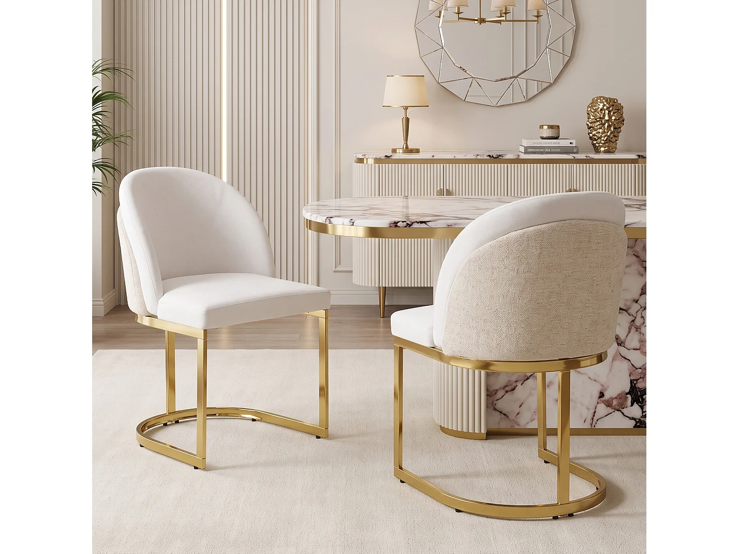 Lot de 4 chaises de salle à manger sans accoudoirs avec pieds en métal galvanisé - Chenille et métal - 59 x 52 x 85 cm - Beige + or