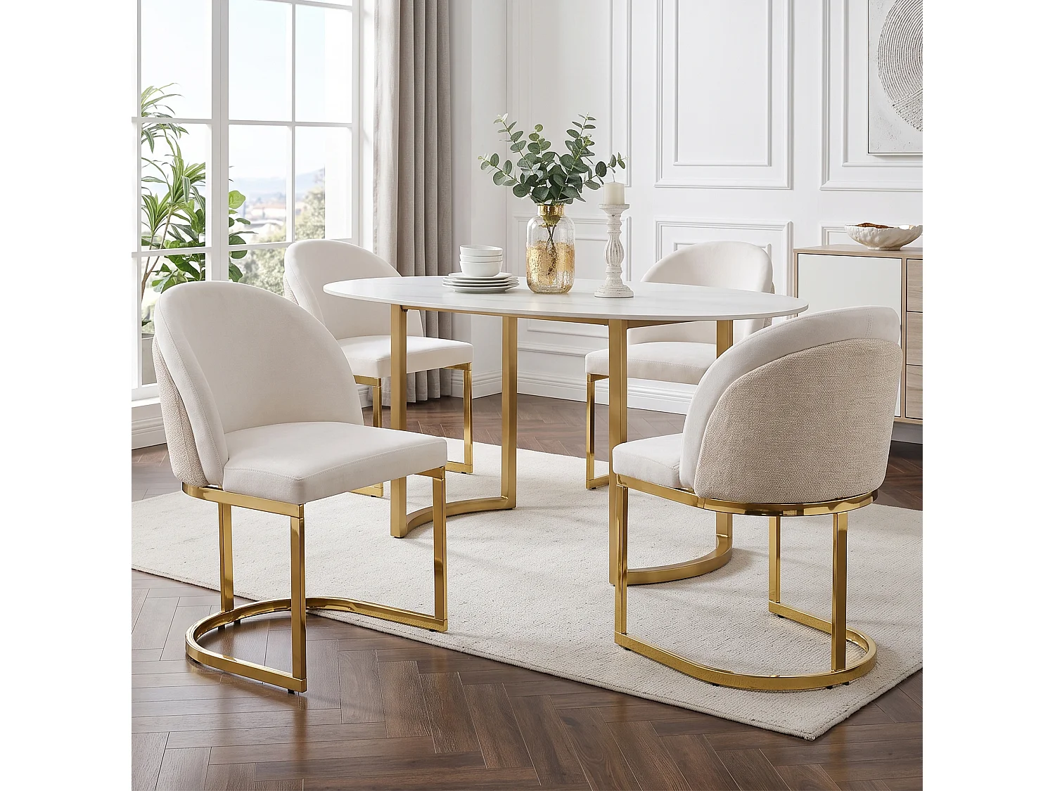 Lot de 4 chaises de salle à manger sans accoudoirs avec pieds en métal galvanisé - Chenille et métal - 59 x 52 x 85 cm - Beige + or