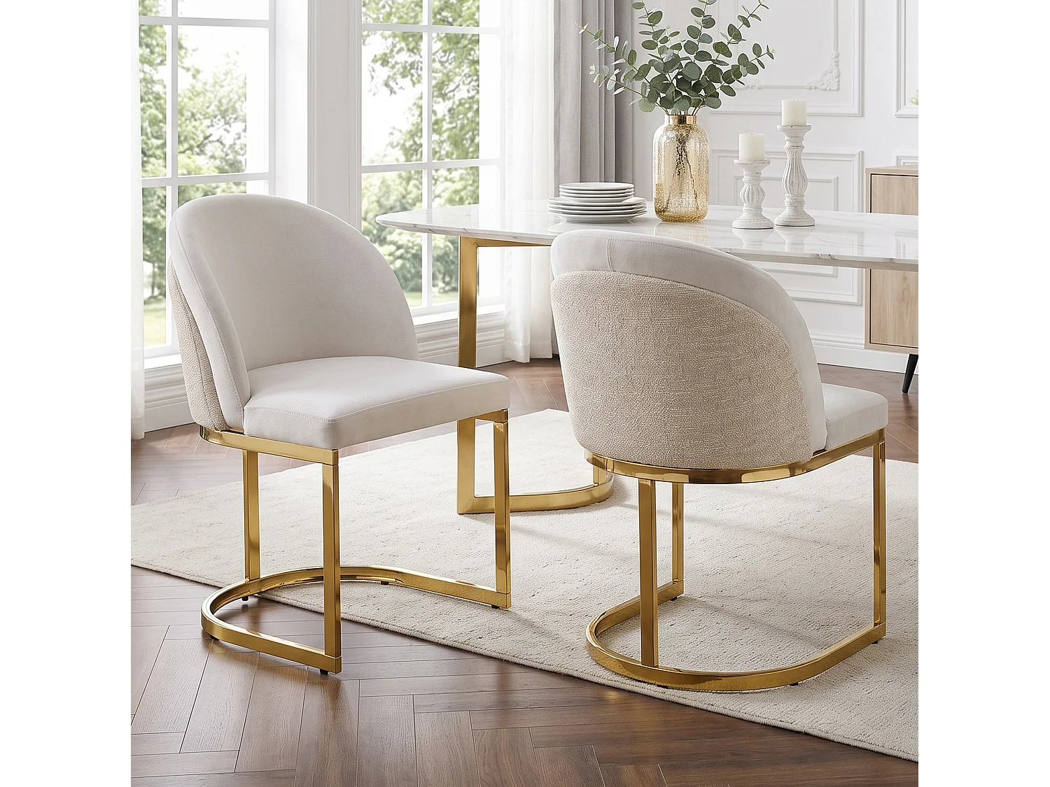 Lot de 4 chaises de salle à manger sans accoudoirs avec pieds en métal galvanisé - Chenille et métal - 59 x 52 x 85 cm - Beige + or
