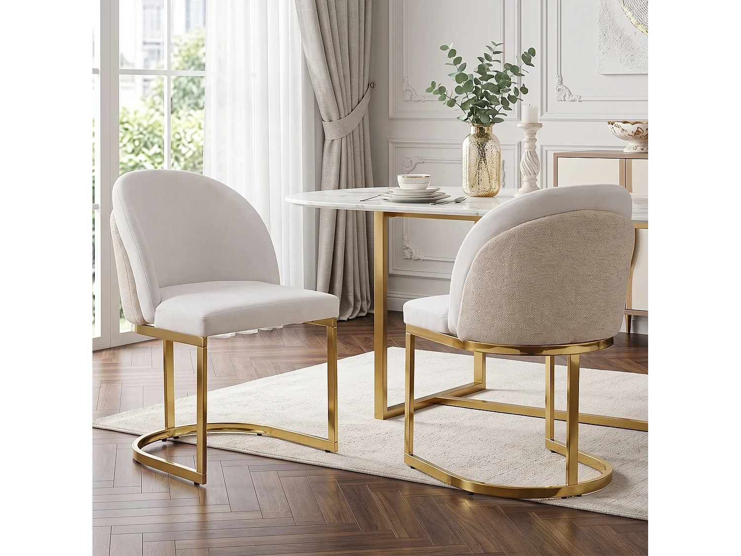 Lot de 4 chaises de salle à manger sans accoudoirs avec pieds en métal galvanisé - Chenille et métal - 59 x 52 x 85 cm - Beige + or