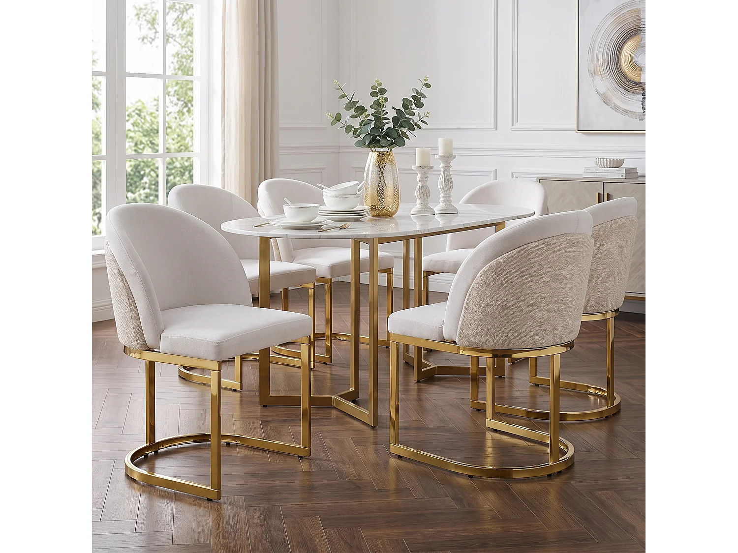 Lot de 4 chaises de salle à manger sans accoudoirs avec pieds en métal galvanisé - Chenille et métal - 59 x 52 x 85 cm - Beige + or