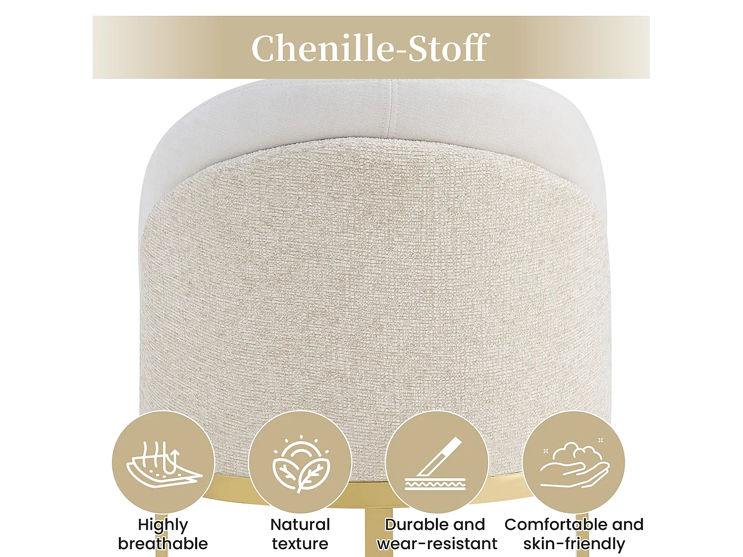 Lot de 4 chaises de salle à manger sans accoudoirs avec pieds en métal galvanisé - Chenille et métal - 59 x 52 x 85 cm - Beige + or