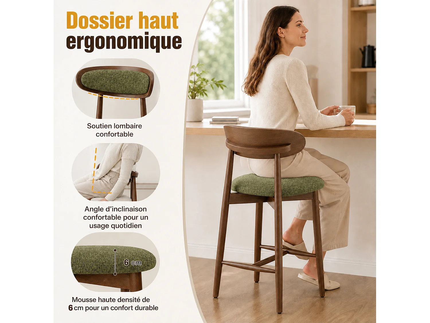 Set van 2 barkrukken van massief hout, gebogen rugleuning en gevoerde zitting, groen