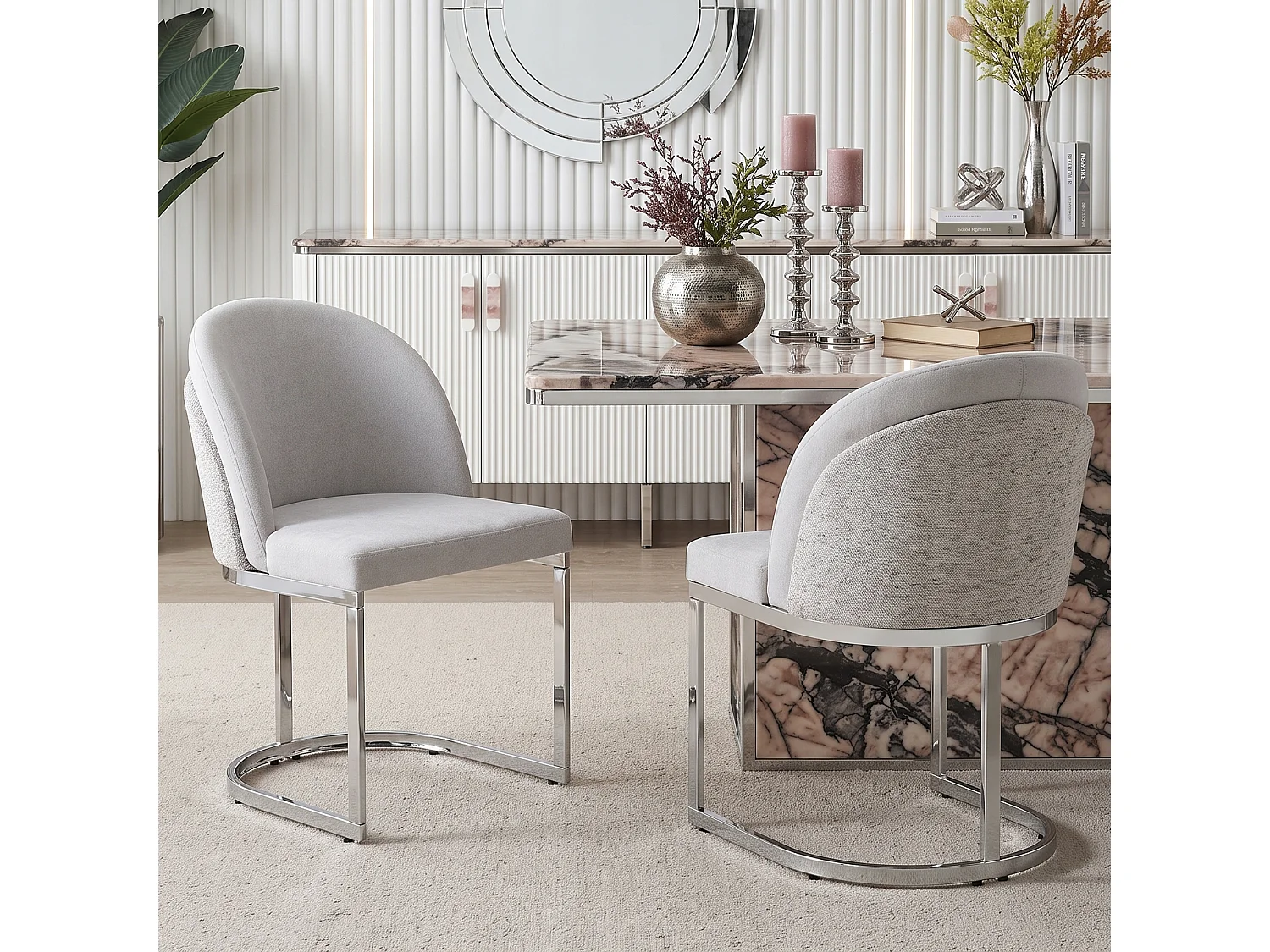 Set di 2 sedie da pranzo senza braccioli - in ciniglia con gambe in metallo zincato- 59 x 52 x 85 cm - Grigio chiaro + argento