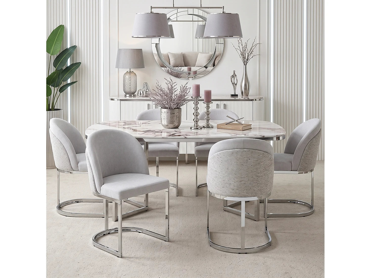 Set di 2 sedie da pranzo senza braccioli - in ciniglia con gambe in metallo zincato- 59 x 52 x 85 cm - Grigio chiaro + argento