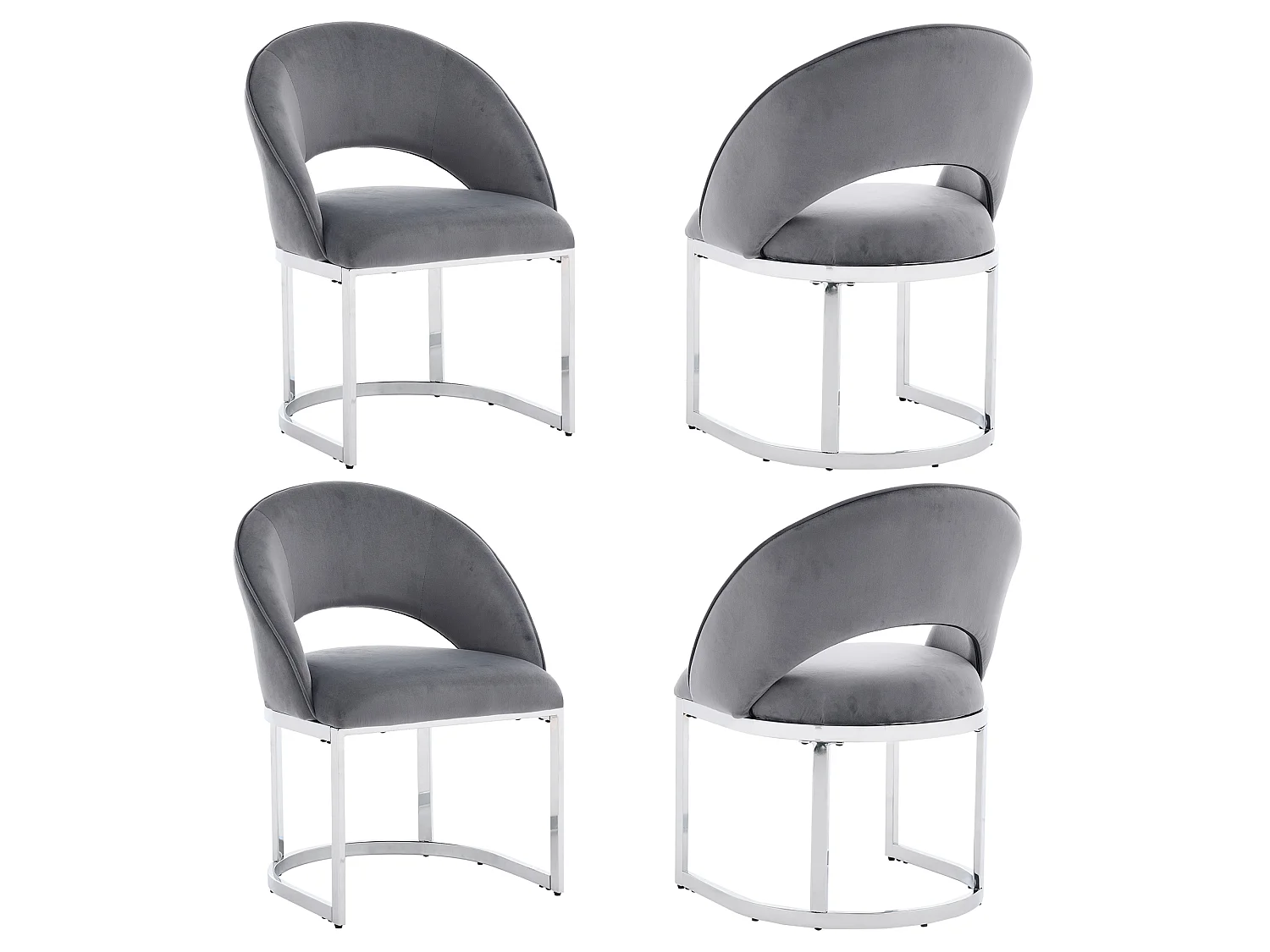 Sæt med 4 spisebordsstole med buet ryglæn og galvaniserede metalben - Fløjl - 59 x 56 x 80 cm - Grå + sølv