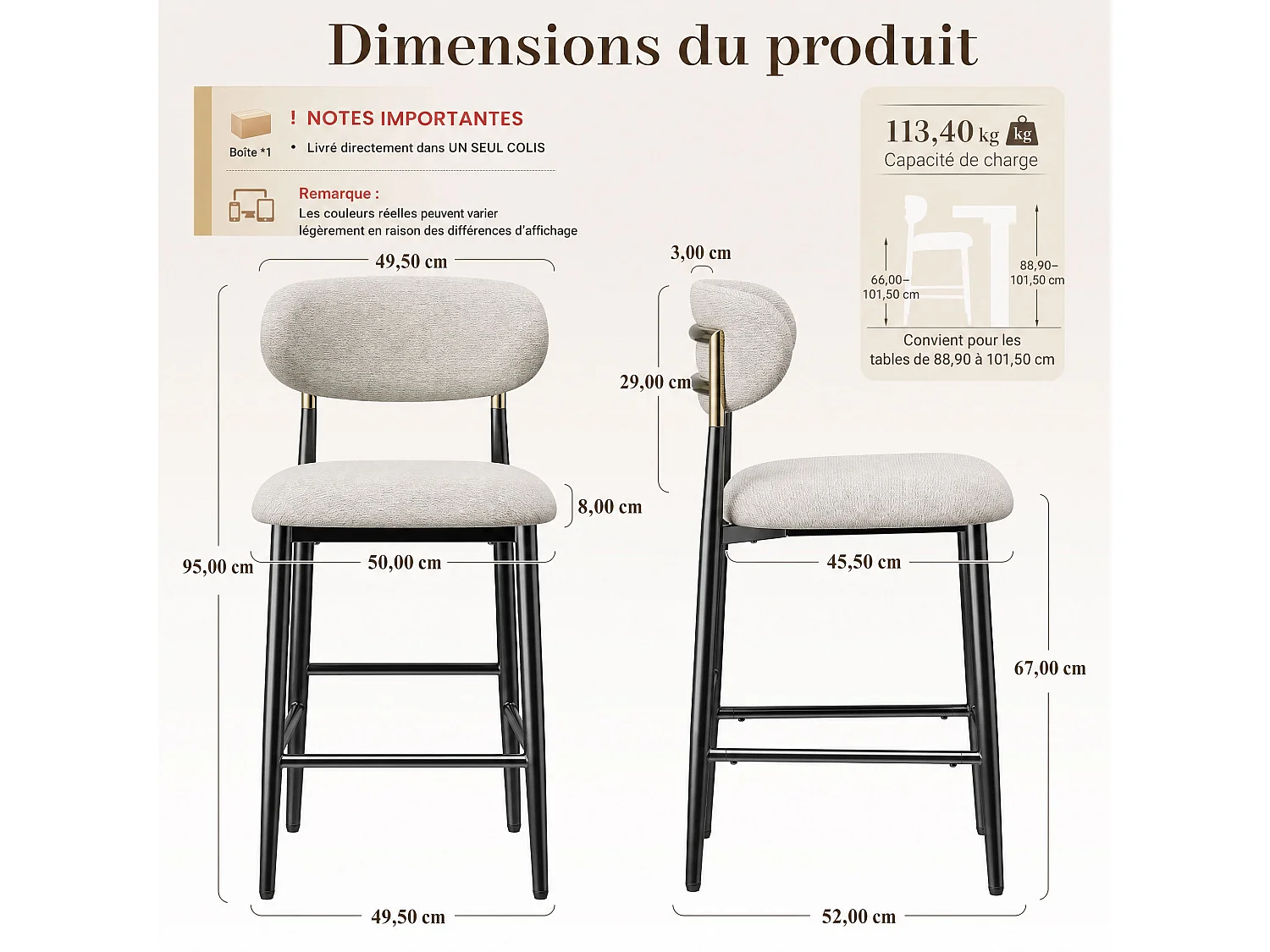 Set van 2 stoffen barkrukken - Kleur: beige – Afgeronde rugleuning – Zwarte metalen poten