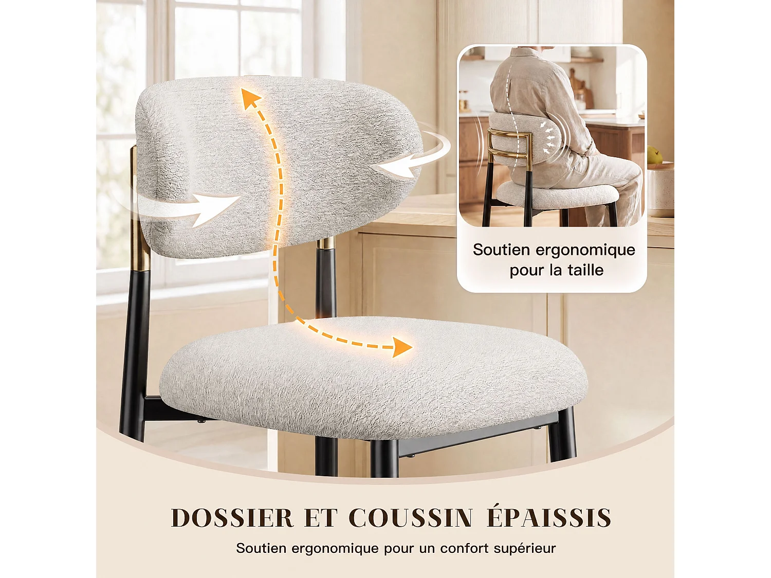 Set van 2 stoffen barkrukken - Kleur: beige – Afgeronde rugleuning – Zwarte metalen poten