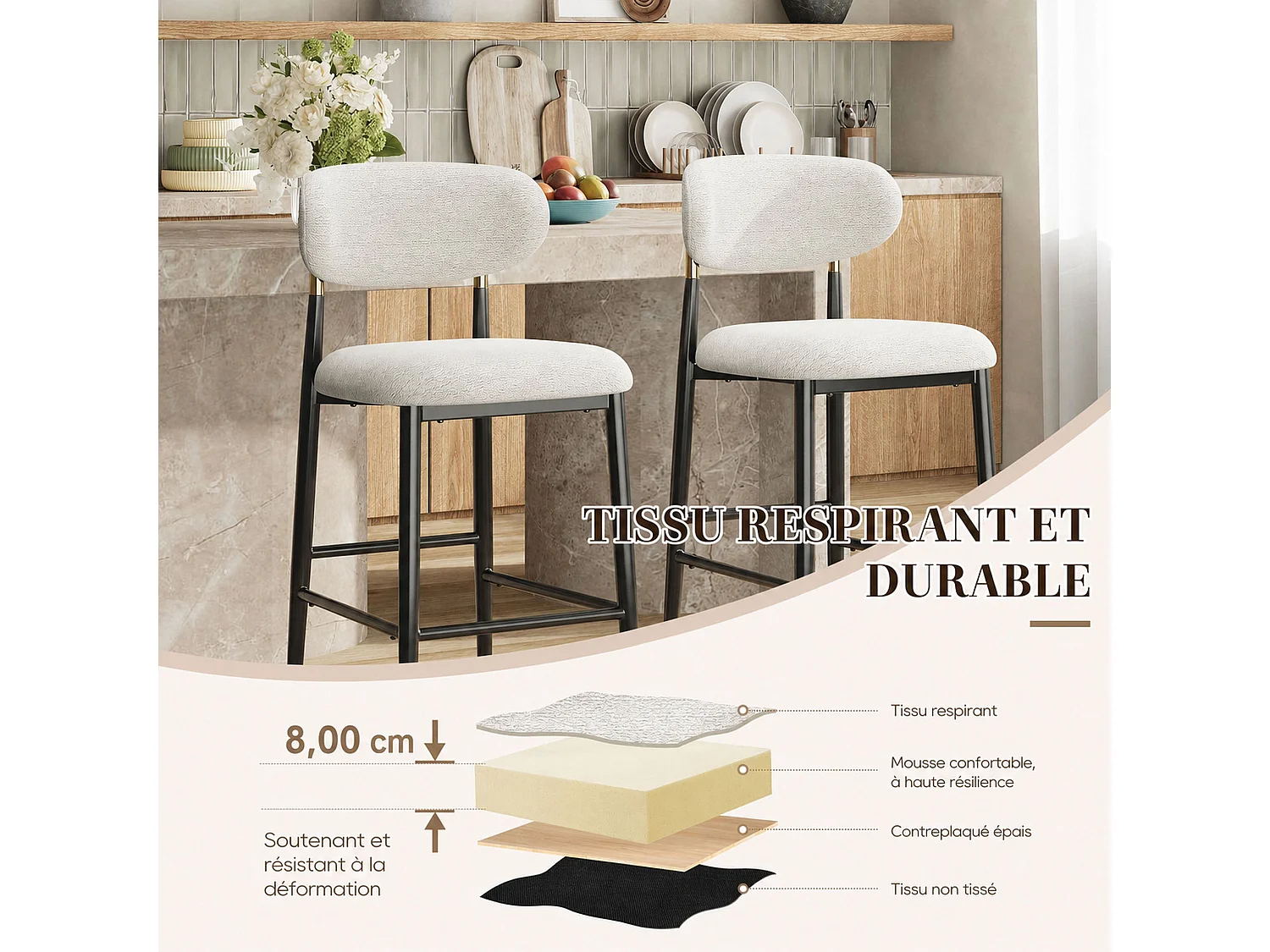 Set van 2 stoffen barkrukken - Kleur: beige – Afgeronde rugleuning – Zwarte metalen poten