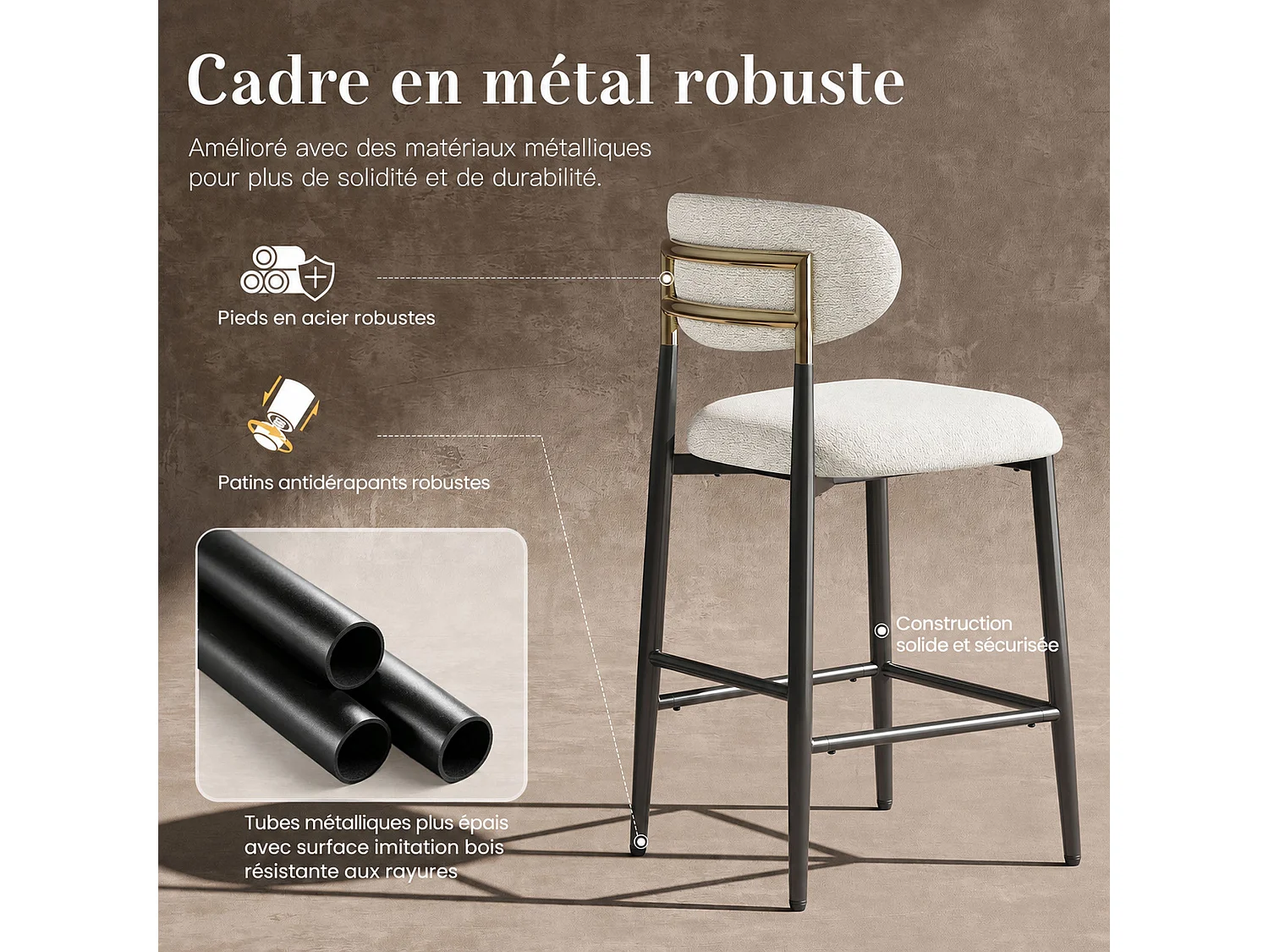 Set van 2 stoffen barkrukken - Kleur: beige – Afgeronde rugleuning – Zwarte metalen poten