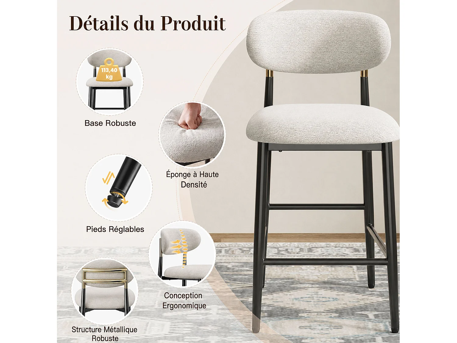 Set van 2 stoffen barkrukken - Kleur: beige – Afgeronde rugleuning – Zwarte metalen poten