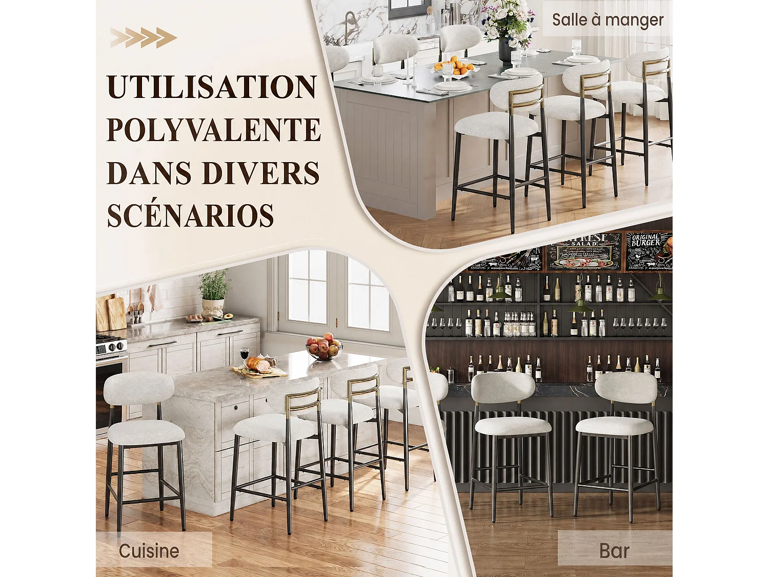 Set van 2 stoffen barkrukken - Kleur: beige – Afgeronde rugleuning – Zwarte metalen poten