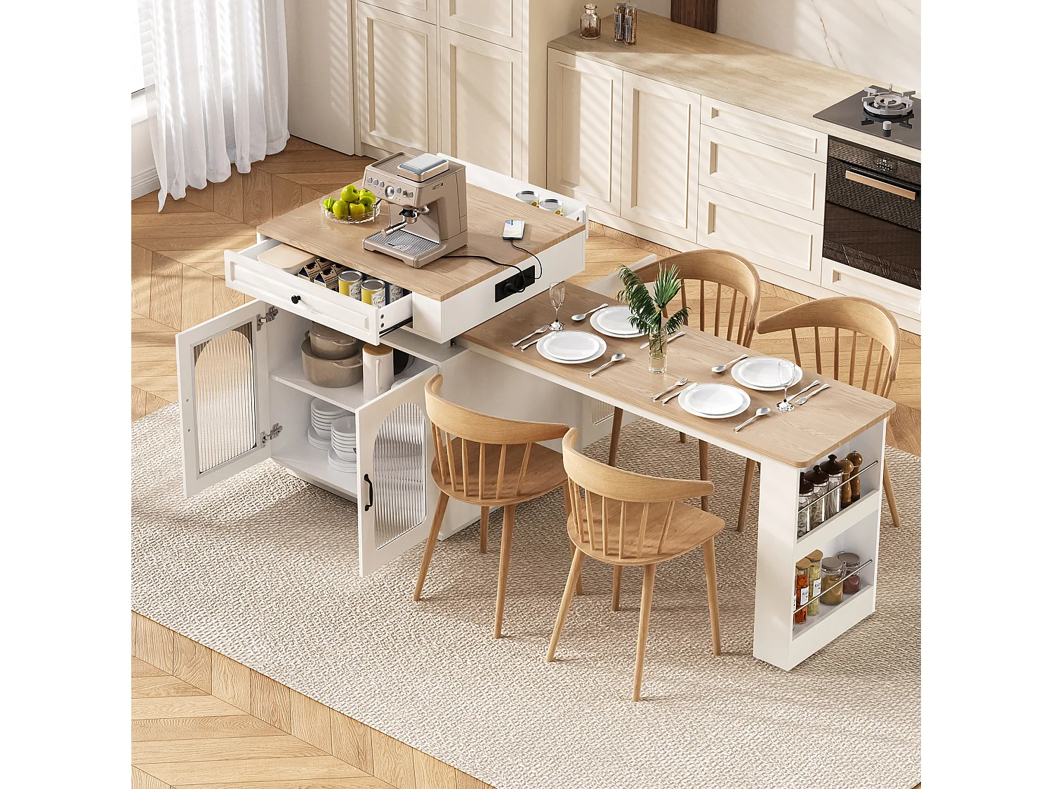 Îlot central de cuisine avec table à manger extensible - 2 portes, 2 tiroirs et 3 étagères à épices - 128/200x71x92 cm - MDF - LEDs et Prises - Blanc