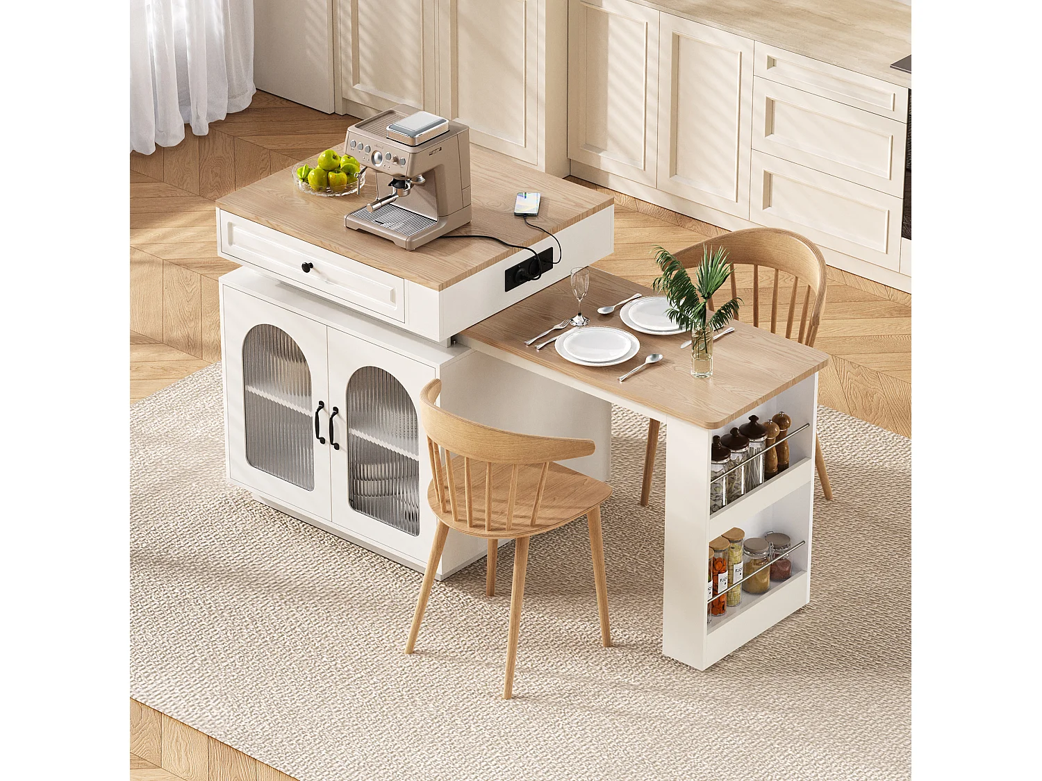 Îlot central de cuisine avec table à manger extensible - 2 portes, 2 tiroirs et 3 étagères à épices - 128/200x71x92 cm - MDF - LEDs et Prises - Blanc