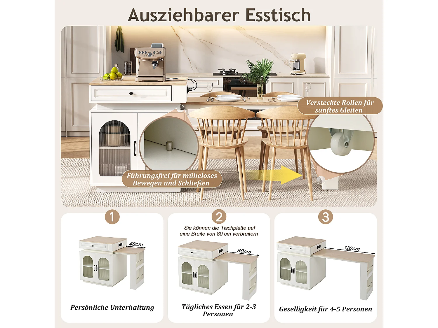Îlot central de cuisine avec table à manger extensible - 2 portes, 2 tiroirs et 3 étagères à épices - 128/200x71x92 cm - MDF - LEDs et Prises - Blanc