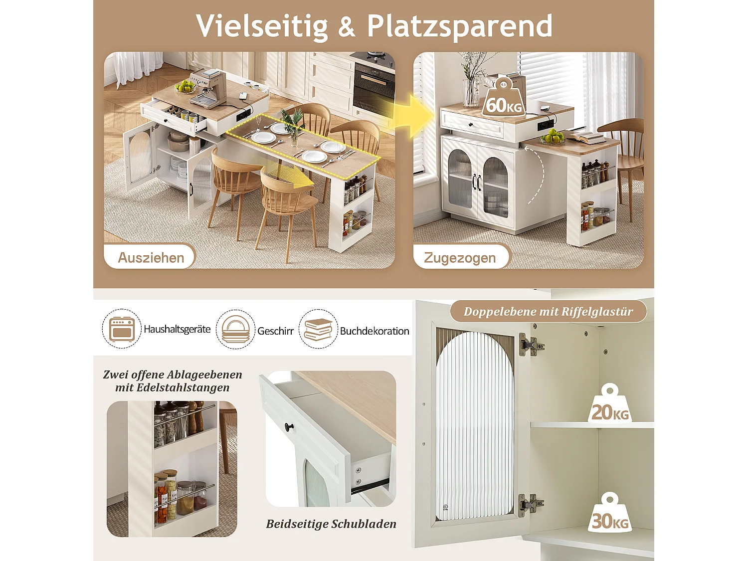 Îlot central de cuisine avec table à manger extensible - 2 portes, 2 tiroirs et 3 étagères à épices - 128/200x71x92 cm - MDF - LEDs et Prises - Blanc
