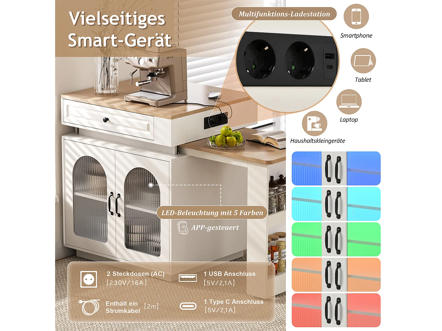 Îlot central de cuisine avec table à manger extensible - 2 portes, 2 tiroirs et 3 étagères à épices - 128/200x71x92 cm - MDF - LEDs et Prises - Blanc