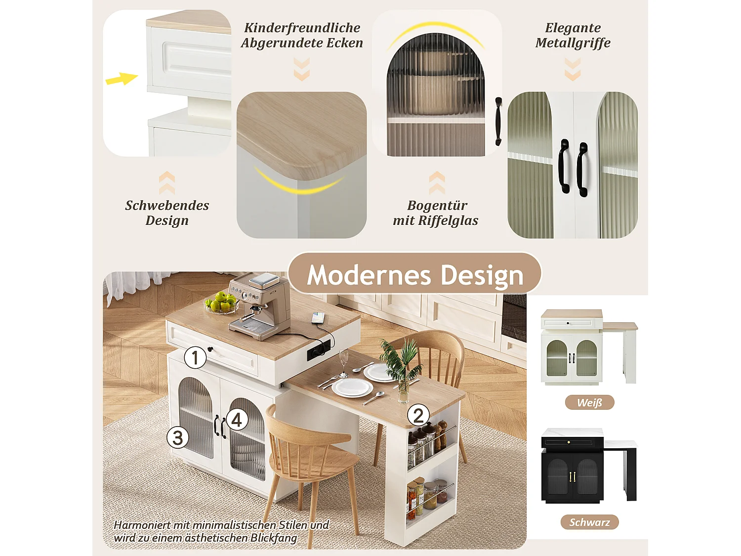 Îlot central de cuisine avec table à manger extensible - 2 portes, 2 tiroirs et 3 étagères à épices - 128/200x71x92 cm - MDF - LEDs et Prises - Blanc