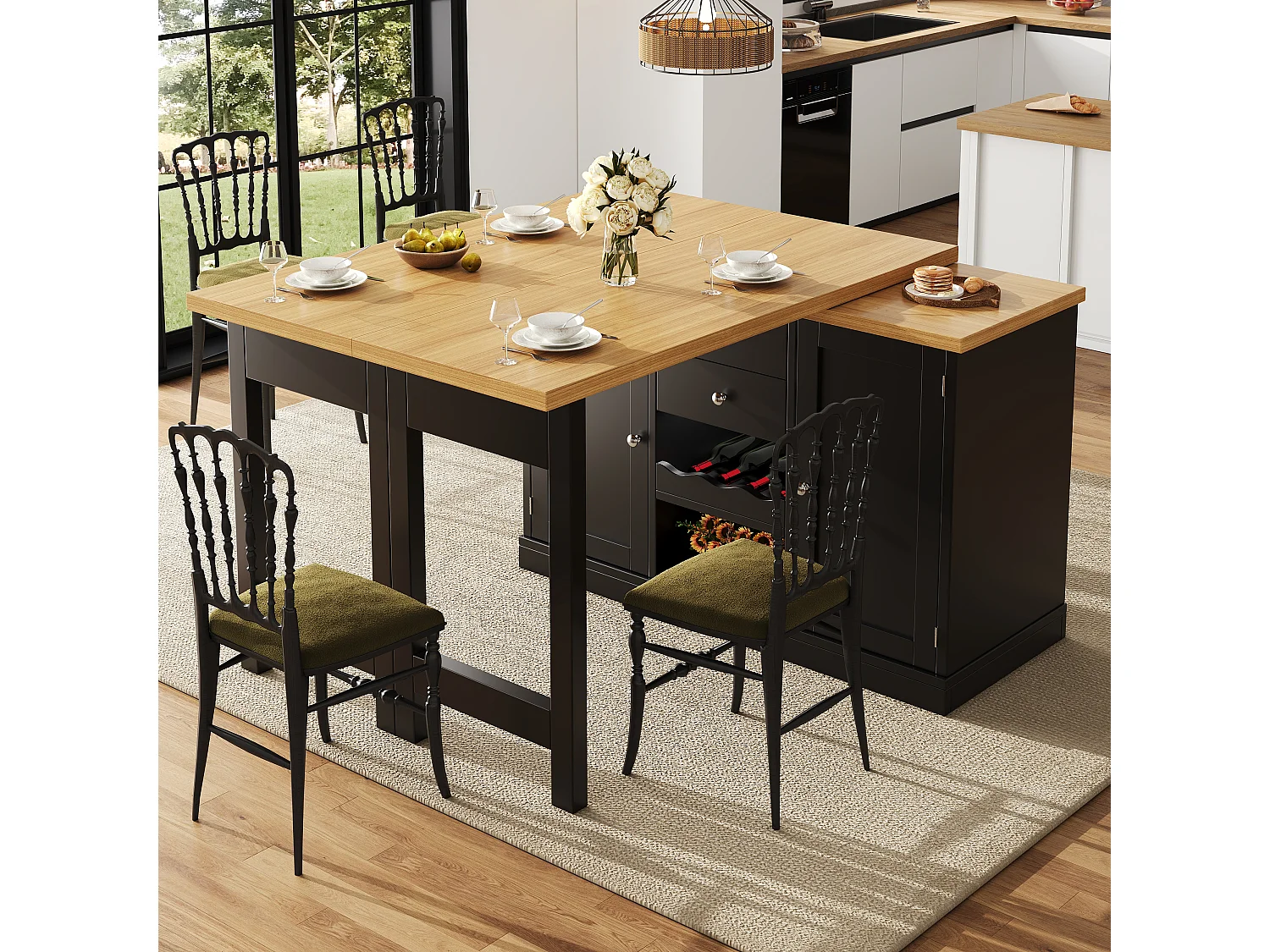Ausziehbare Kücheninsel mit 360° drehbarer Arbeitsplatte, 2 Schubladen, Weinregal und Stauraum – MDF/Metall – 120–197 x 40 x 74 cm – Weiß