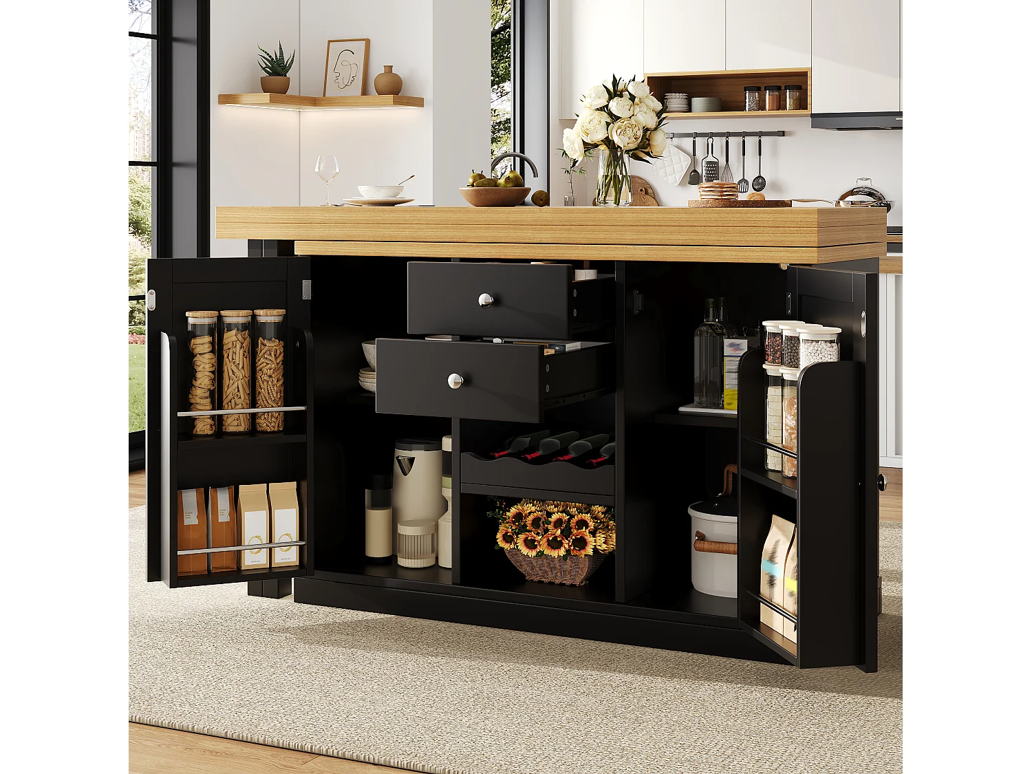 Ausziehbare Kücheninsel mit 360° drehbarer Arbeitsplatte, 2 Schubladen, Weinregal und Stauraum – MDF/Metall – 120–197 x 40 x 74 cm – Weiß