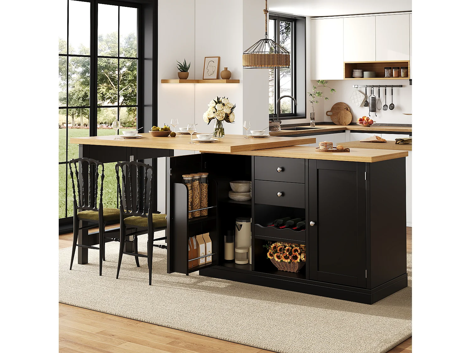 Ausziehbare Kücheninsel mit 360° drehbarer Arbeitsplatte, 2 Schubladen, Weinregal und Stauraum – MDF/Metall – 120–197 x 40 x 74 cm – Weiß