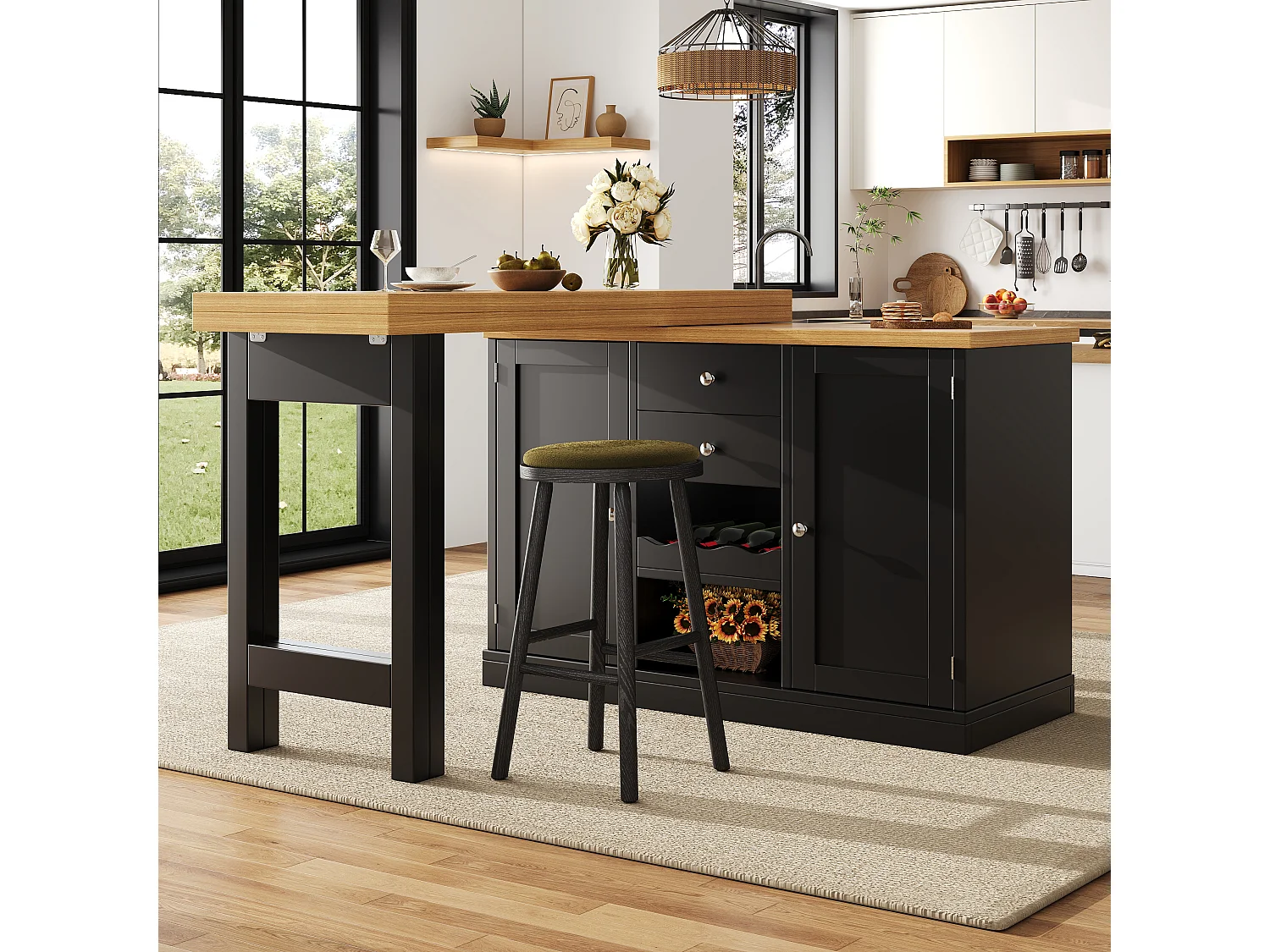 Ausziehbare Kücheninsel mit 360° drehbarer Arbeitsplatte, 2 Schubladen, Weinregal und Stauraum – MDF/Metall – 120–197 x 40 x 74 cm – Weiß
