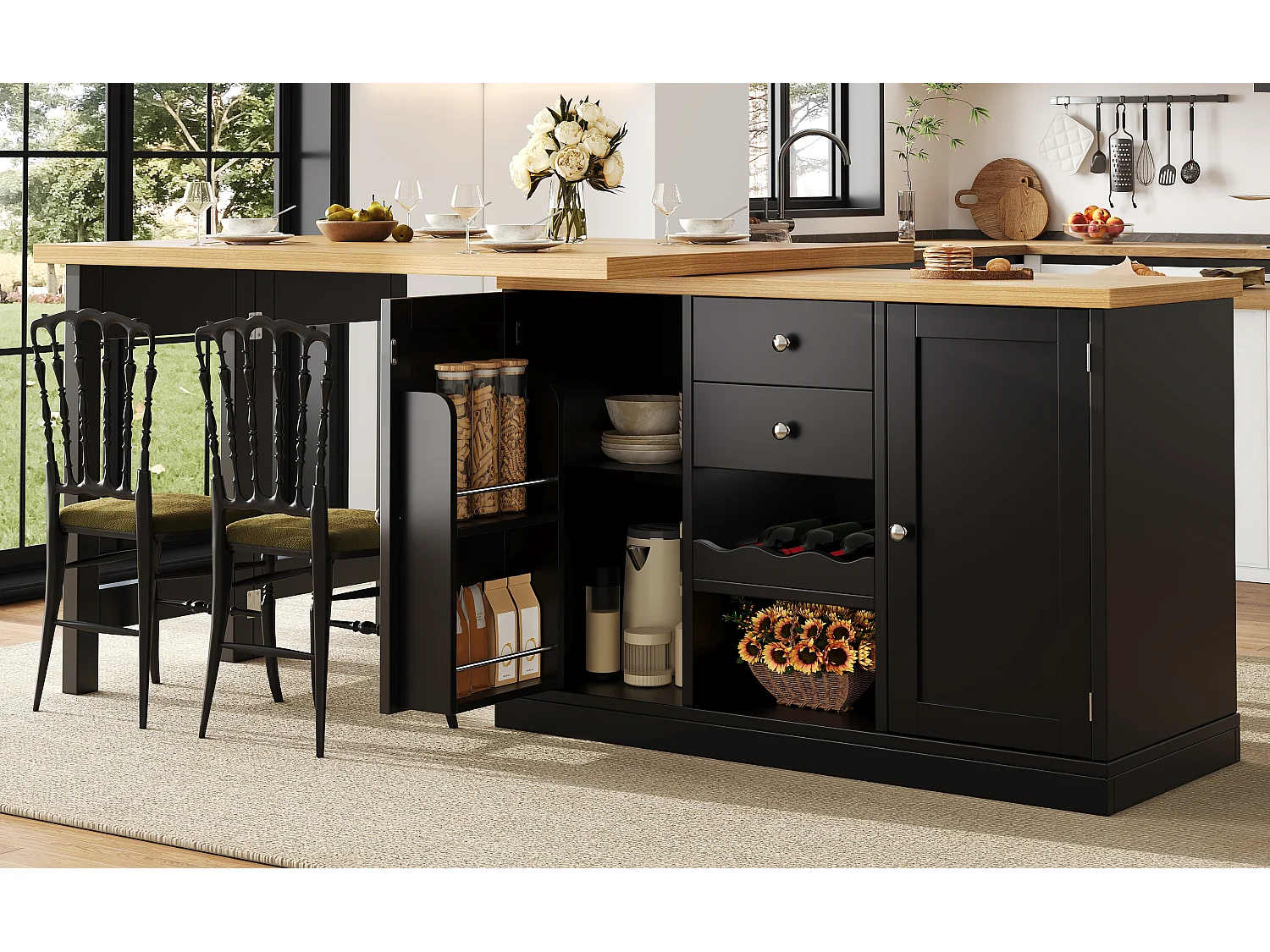 Ausziehbare Kücheninsel mit 360° drehbarer Arbeitsplatte, 2 Schubladen, Weinregal und Stauraum – MDF/Metall – 120–197 x 40 x 74 cm – Weiß