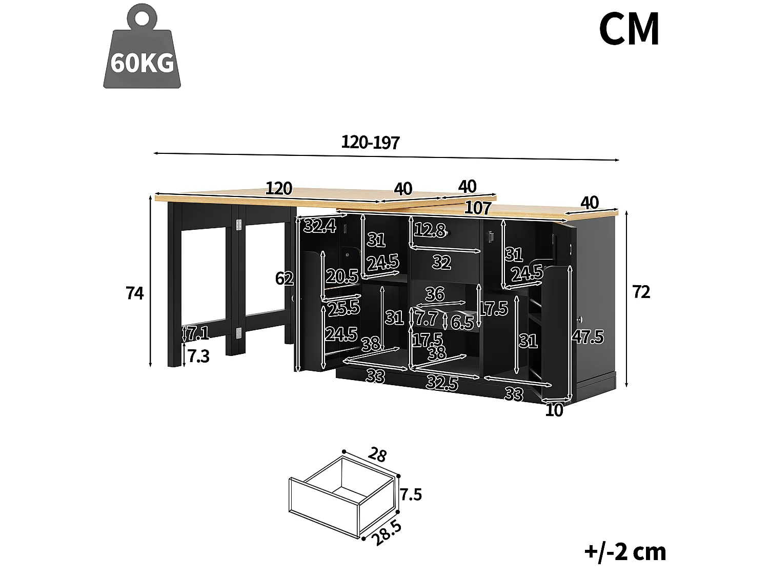 Ausziehbare Kücheninsel mit 360° drehbarer Arbeitsplatte, 2 Schubladen, Weinregal und Stauraum – MDF/Metall – 120–197 x 40 x 74 cm – Weiß