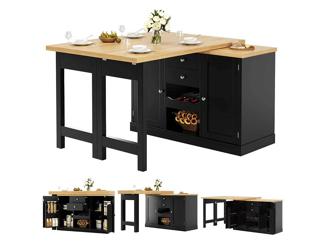 Ausziehbare Kücheninsel mit 360° drehbarer Arbeitsplatte, 2 Schubladen, Weinregal und Stauraum – MDF/Metall – 120–197 x 40 x 74 cm – Weiß