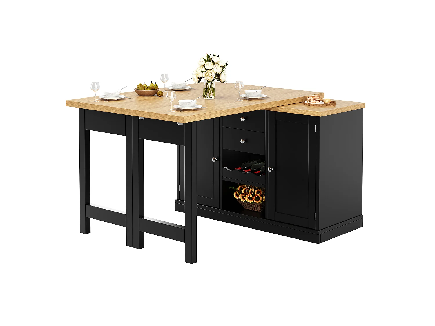 Ausziehbare Kücheninsel mit 360° drehbarer Arbeitsplatte, 2 Schubladen, Weinregal und Stauraum – MDF/Metall – 120–197 x 40 x 74 cm – Weiß