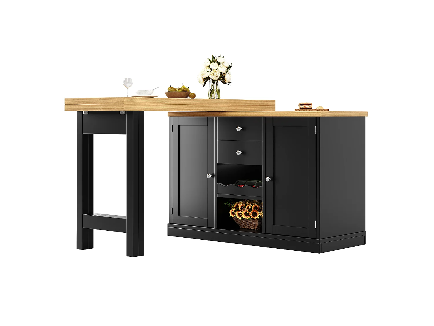Ausziehbare Kücheninsel mit 360° drehbarer Arbeitsplatte, 2 Schubladen, Weinregal und Stauraum – MDF/Metall – 120–197 x 40 x 74 cm – Weiß